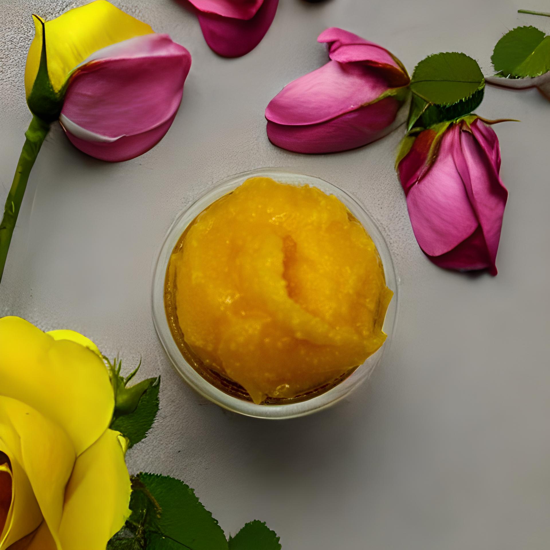 Yellow massaging cream in a bowl surrounded by pink and yellow flowers on a light gray background

